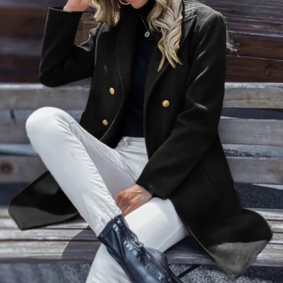 Classic button double breast trench pea coat Jacket - Picture 10 of 11